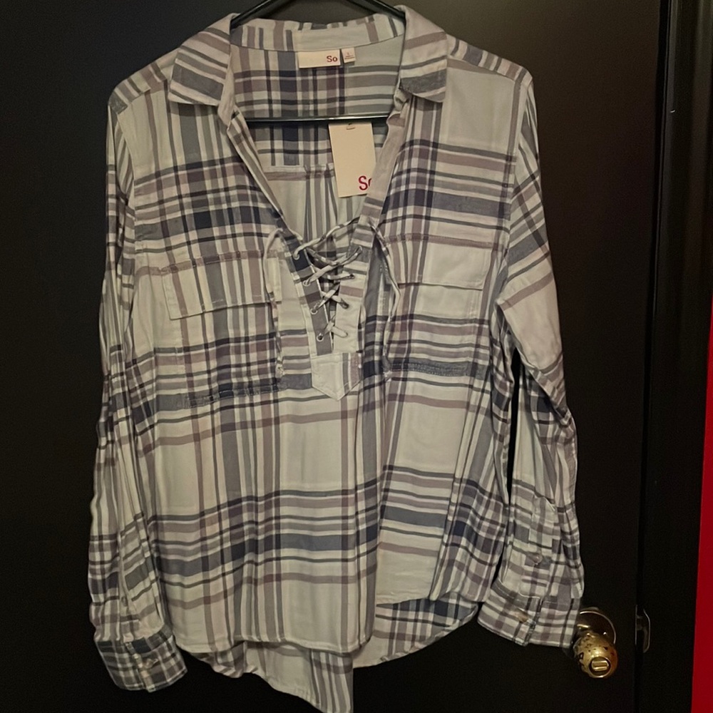 Juniors size Large Plaid Lace up long sleeve shirt.